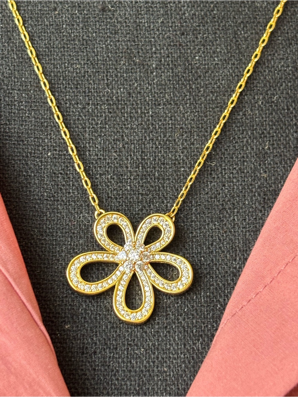 Gold Flower Pendant Necklace with Clear Crystals - Women Jewelry